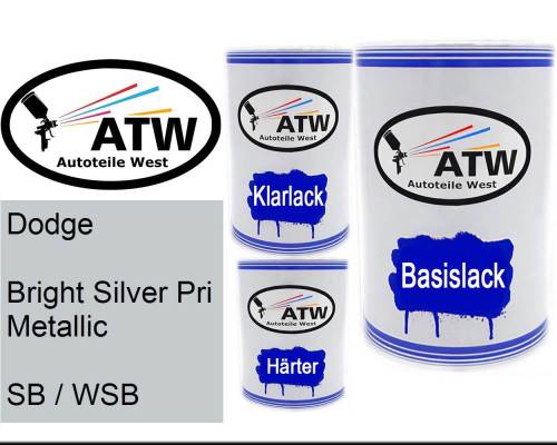 Dodge, Bright Silver Pri Metallic, SB / WSB: 500ml Lackdose + 500ml Klarlack + 250ml Härter - Set, von ATW Autoteile West.